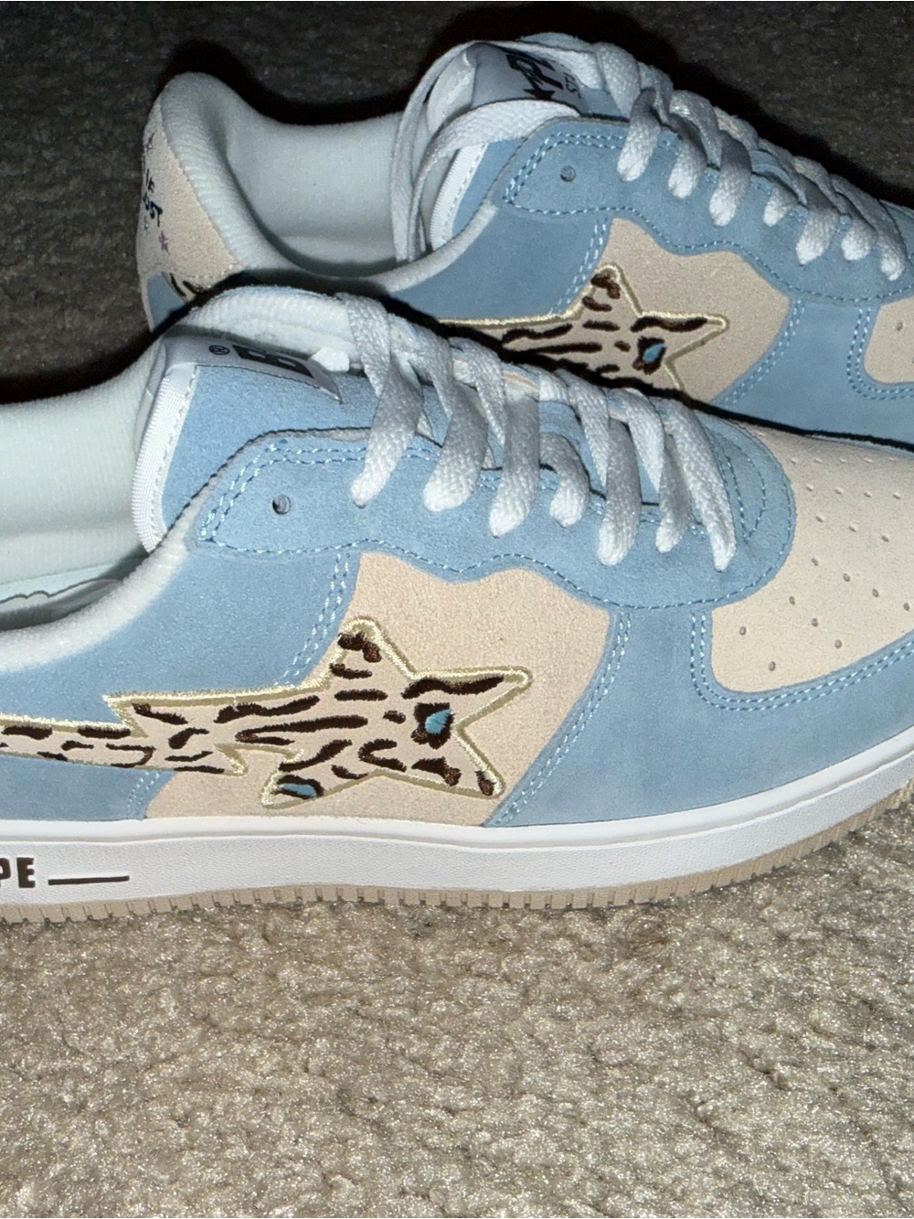 Bape STA Low Sneaker in Light Blue, Cream & Leopard Star CALL ME IF YOU GET LOST